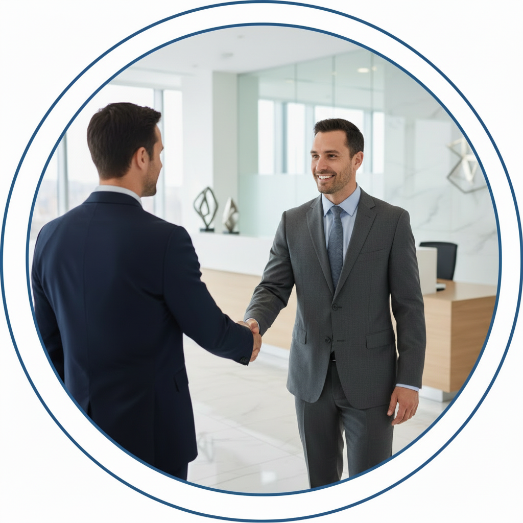 Two professional men in business suits shaking hands in a bright, modern office lobby.