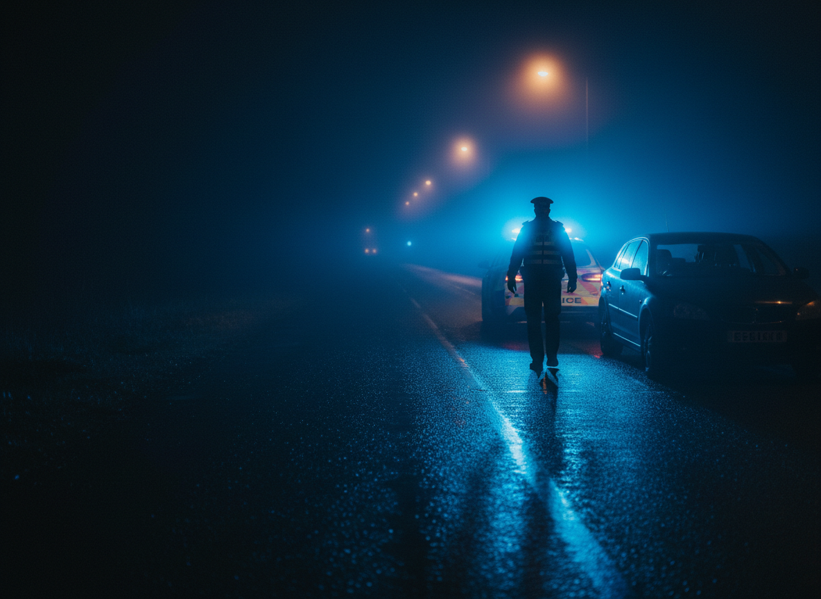A police officer walks toward a parked car on a dark, wet road at night, illuminated by blue emergency lights and fog.