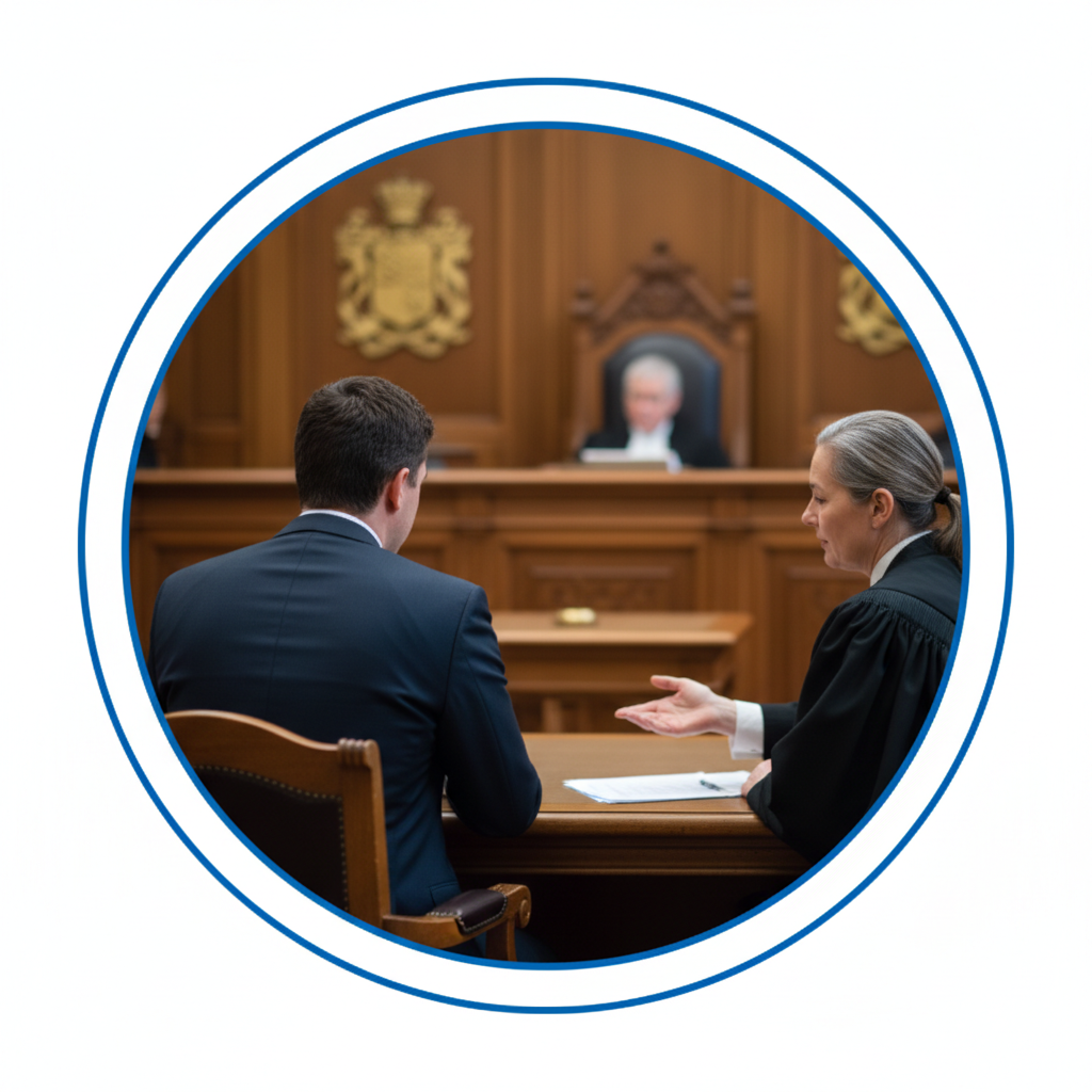 A lawyer and client consult at a wooden desk in a courtroom, with a judge presiding in the background.
