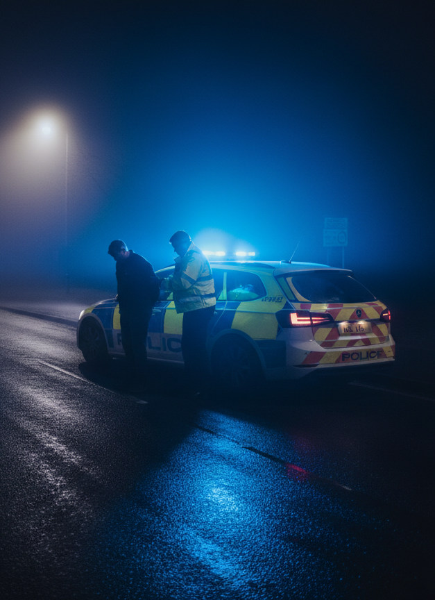 A police officer stands next to a person by a patrol car on a dark, foggy road illuminated by blue emergency lights.