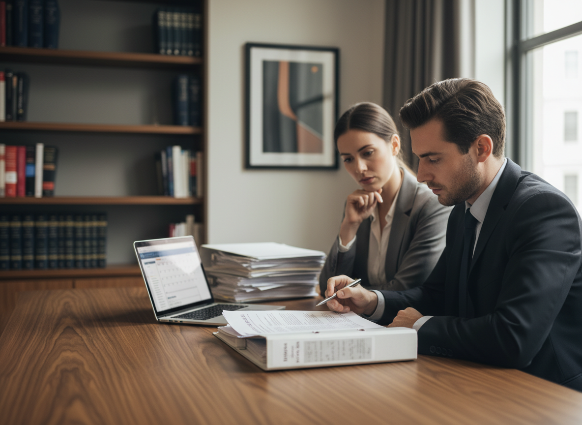 A professional man and woman review documents at a wooden desk in an office with a bookshelf and a laptop.