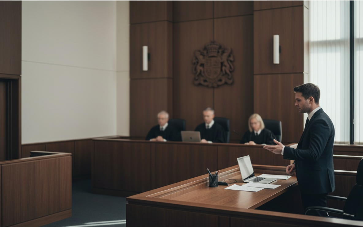 A person walks in front of a blue