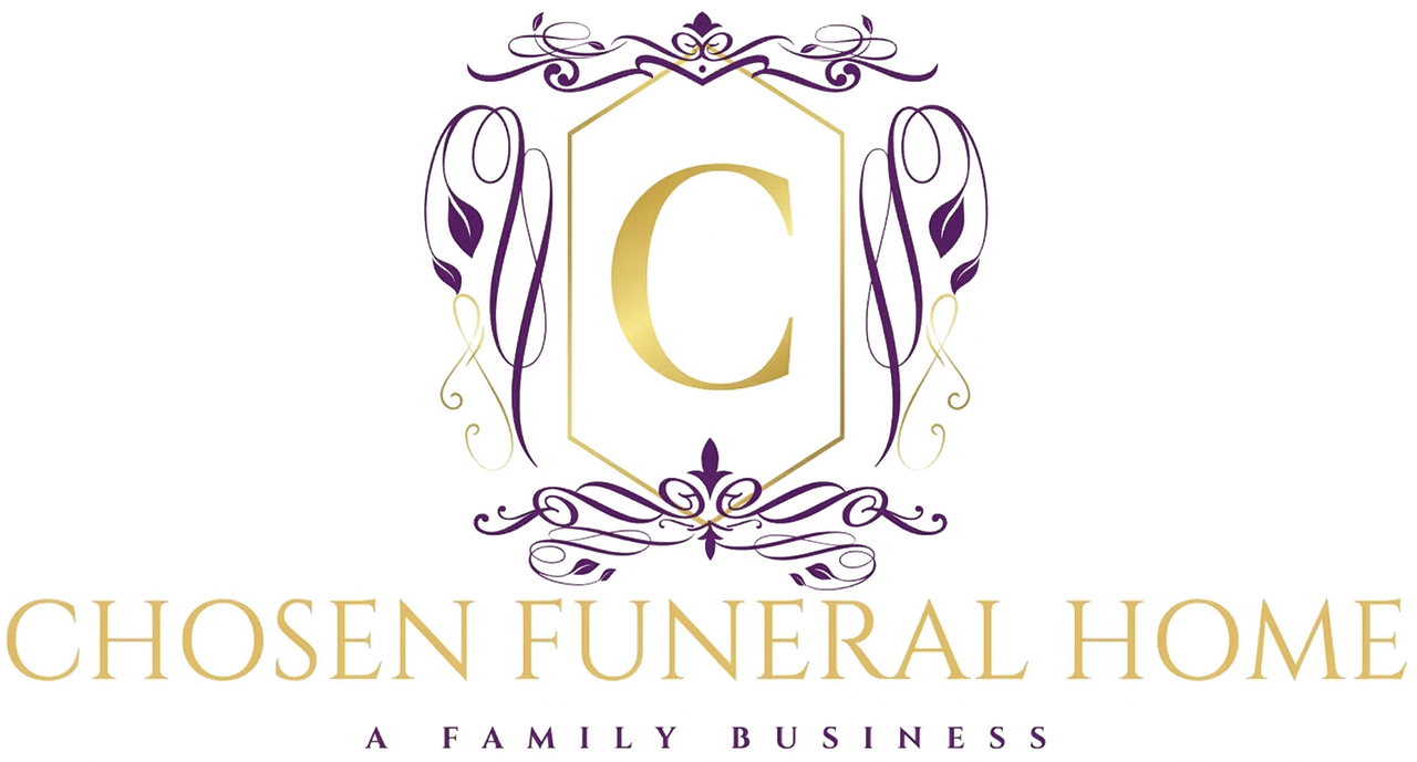 A logo for Chosen Funeral Home, featuring a gold letter "C" in a purple and gold decorative frame with the business name.