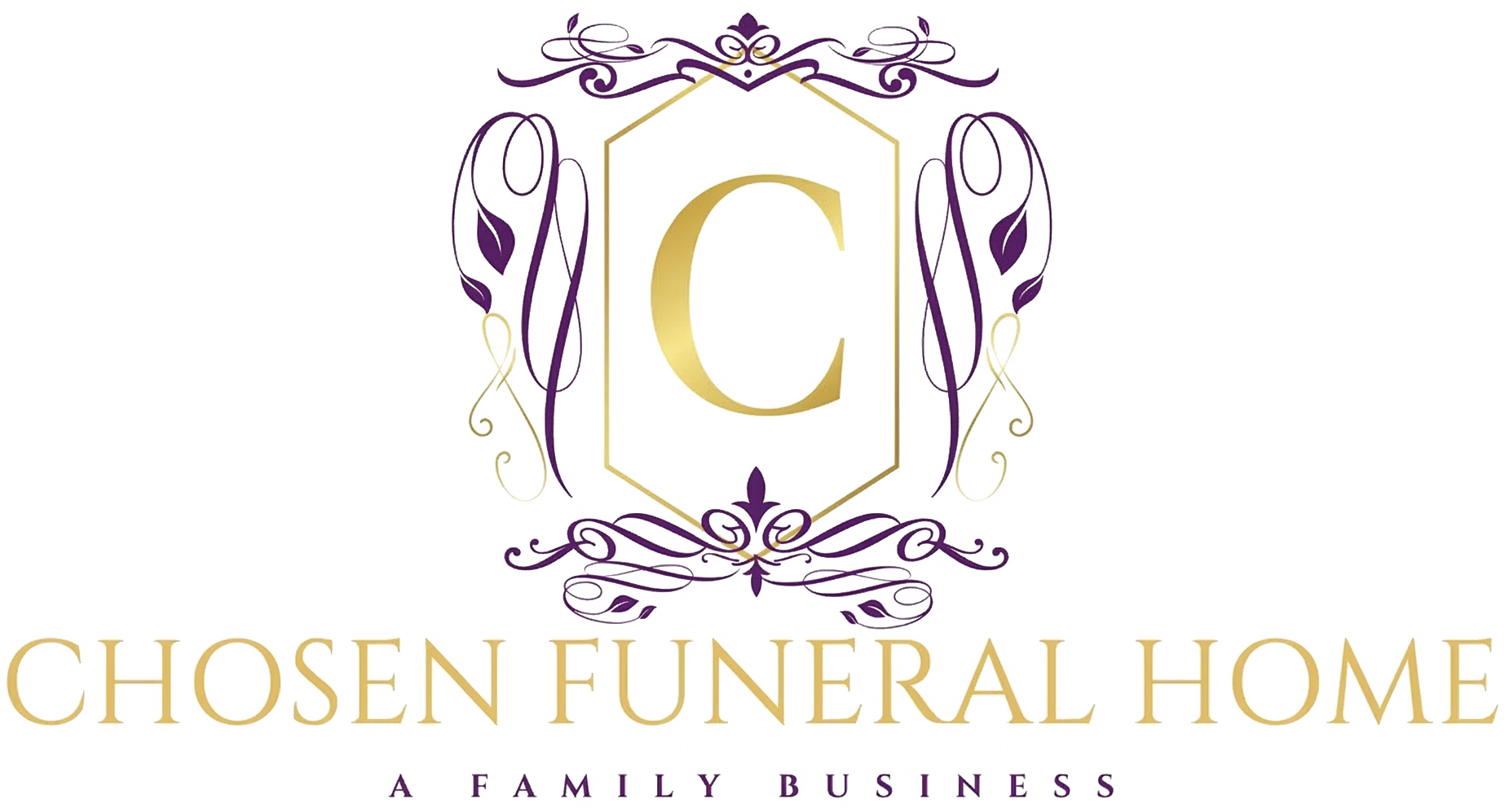 A logo for Chosen Funeral Home, featuring a gold letter "C" in a purple and gold decorative frame with the business name.