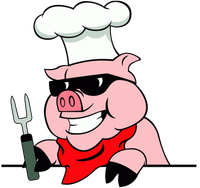 A cartoon pig wearing a chef 's hat and sunglasses is holding a fork.