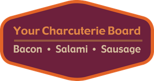 YCB logo in burgundy and orange colors with the words bacon salami sausage