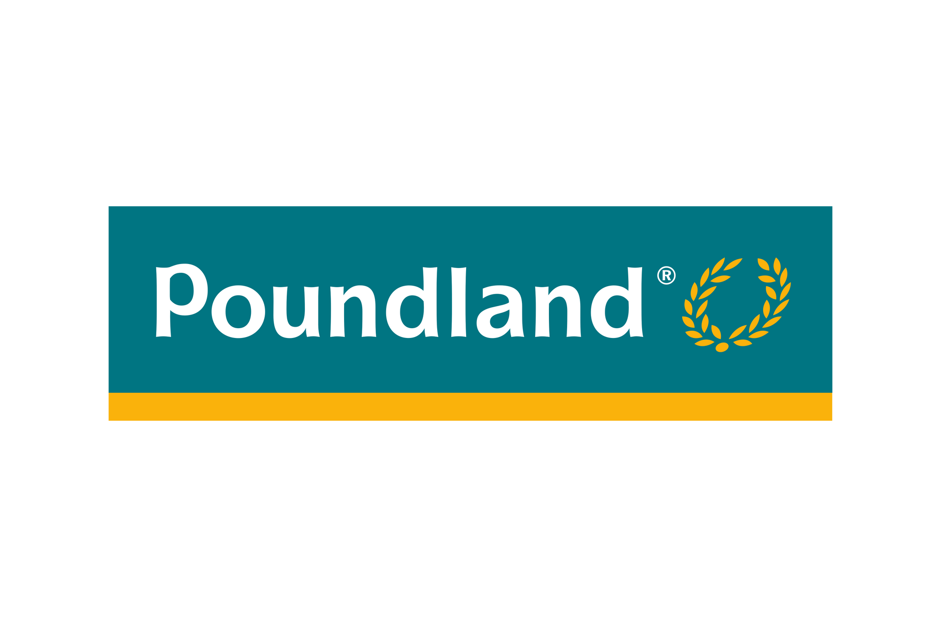 Poundland logo: white text on teal rectangle, gold underline, laurel wreath, white background.