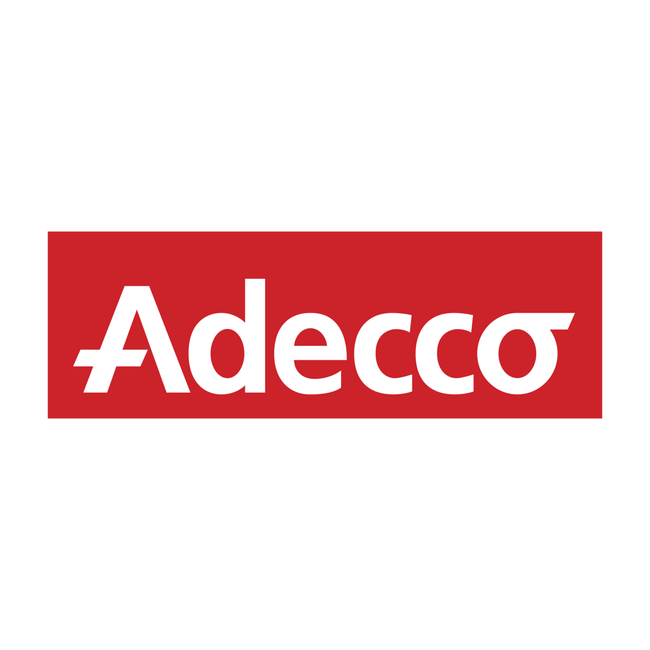 Adecco logo: white text on a red rectangular background.