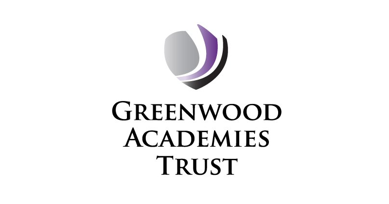 Greenwood Academies Trust logo: shield with purple and silver design, below text