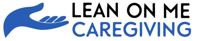 Logo: Blue hand supporting the words "LEAN ON ME CAREGIVING".