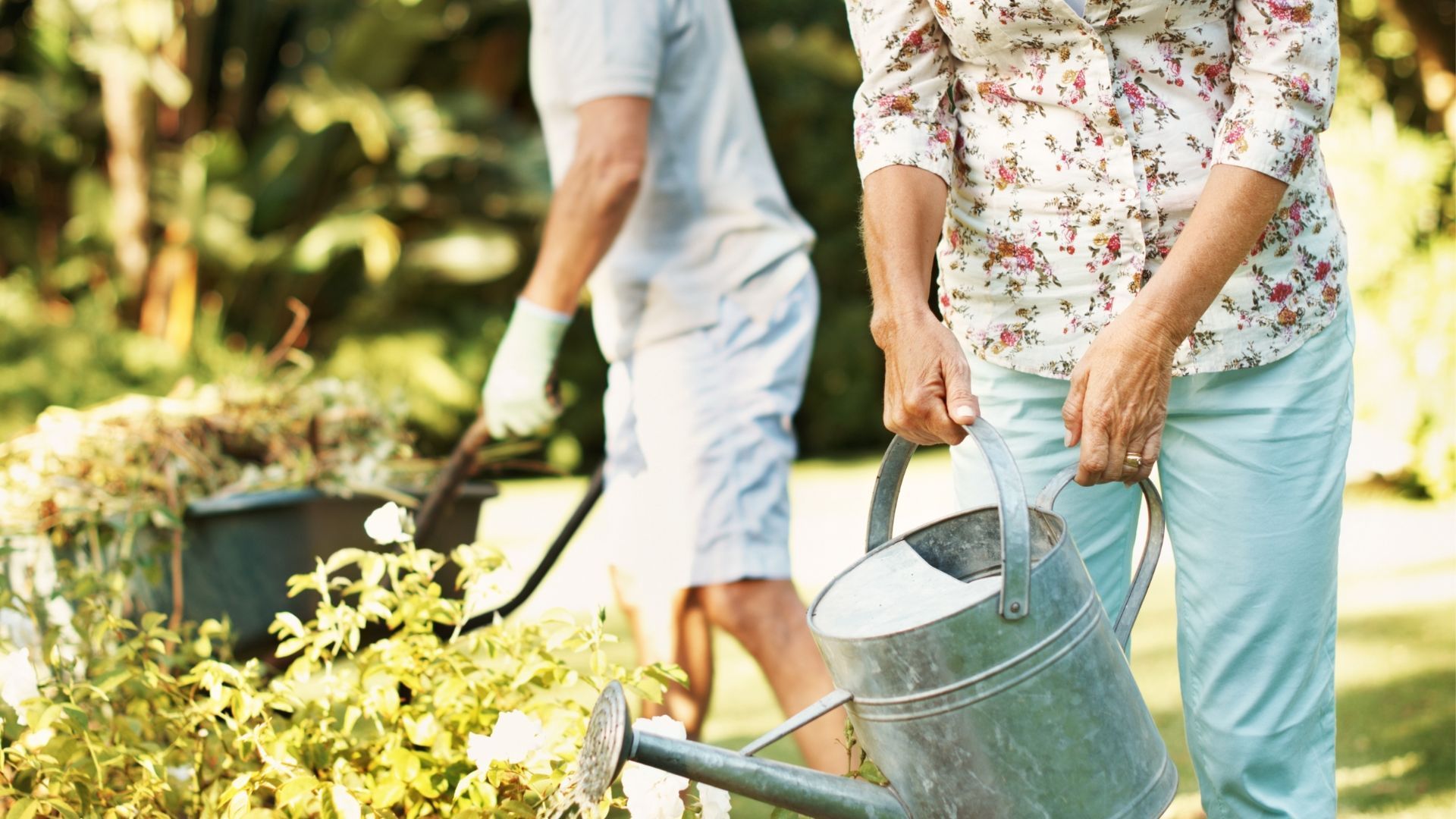 Man raking yard waste while woman waters plants with a watering can in a sunny garden.