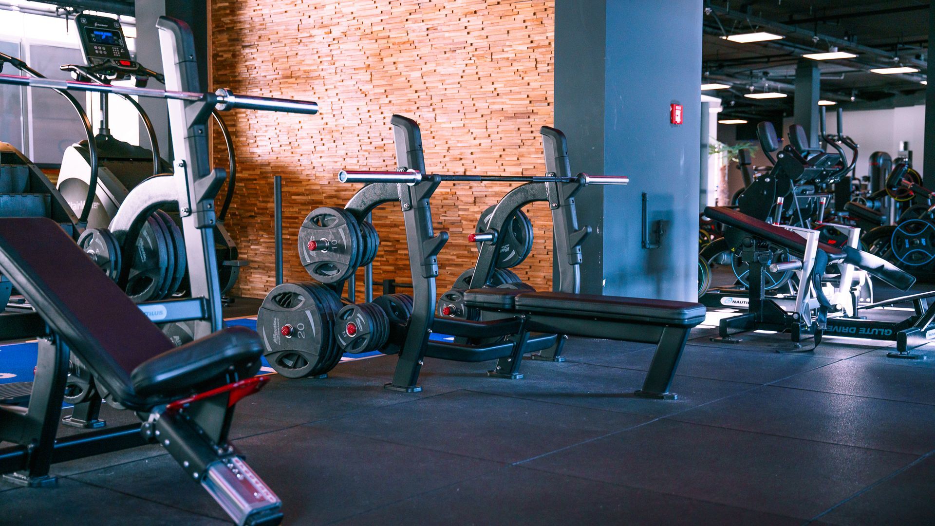 Een halterbank met halter en gewichten in een sportschool. Op de achtergrond zijn andere fitnessapparaten zichtbaar.