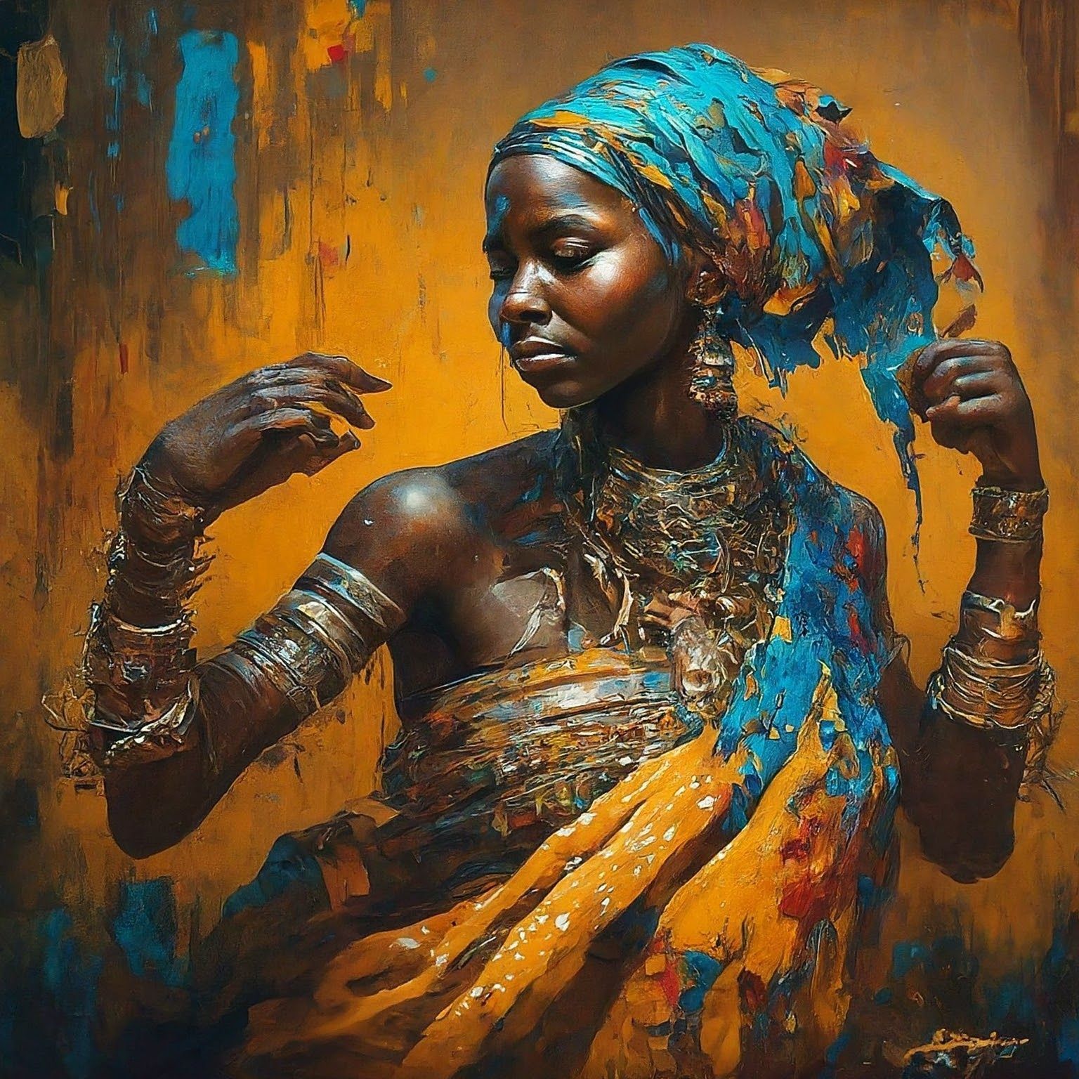 A painting of a woman with a turban on her head