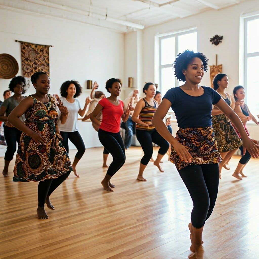 A group of women are dancing in a room
