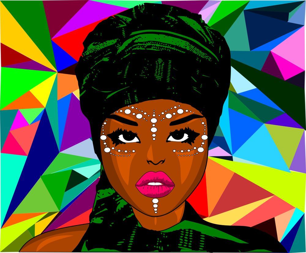 A colorful painting of a woman wearing a turban and rhinestones on her face.
