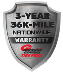 Shield-shaped logo with 3-year, 36K-mile nationwide warranty from Redwood General Tire Pros.