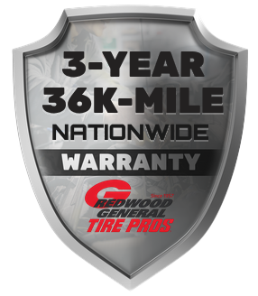 Shield-shaped logo with 3-year, 36K-mile nationwide warranty from Redwood General Tire Pros.