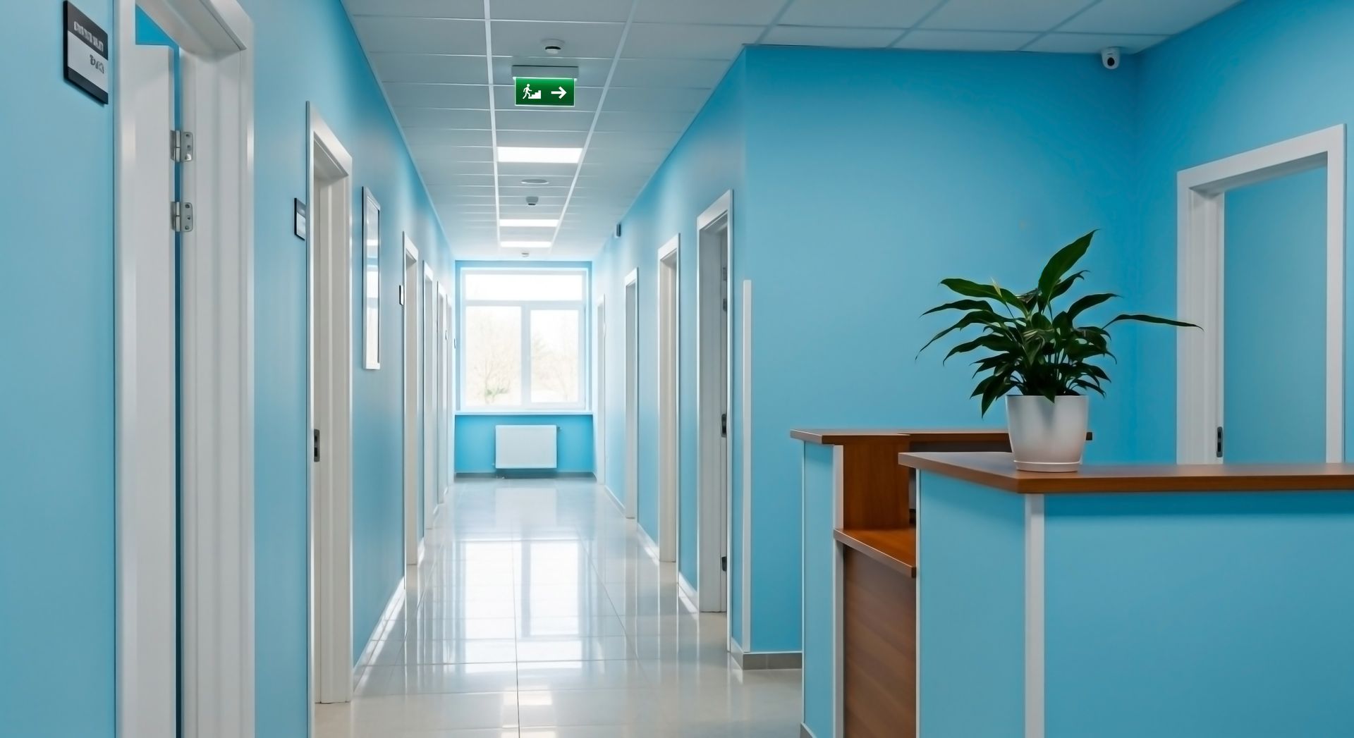 Un long couloir bleu clair dans un établissement médical, avec des portes fermées, un comptoir d'accueil