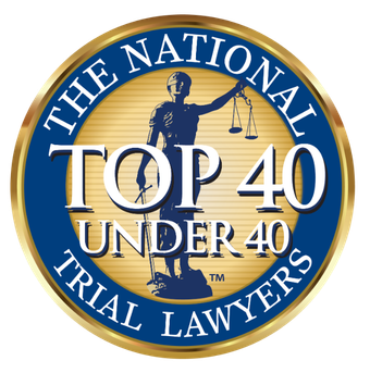 The National Trial Lawyers: Top 40 Under 40 award badge with the Statue of Justice.