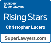Super Lawyers Rising Stars badge for Christopher Lucero; blue and white with website address.