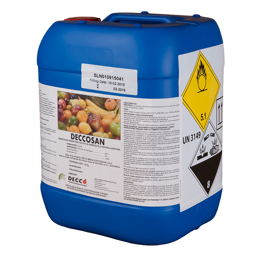 Contenedor azul etiquetado “DECCOSAN” con imagen de fruta y símbolos químicos peligrosos.