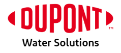Logotipo de DuPont Water Solutions con texto rojo y fondo blanco.