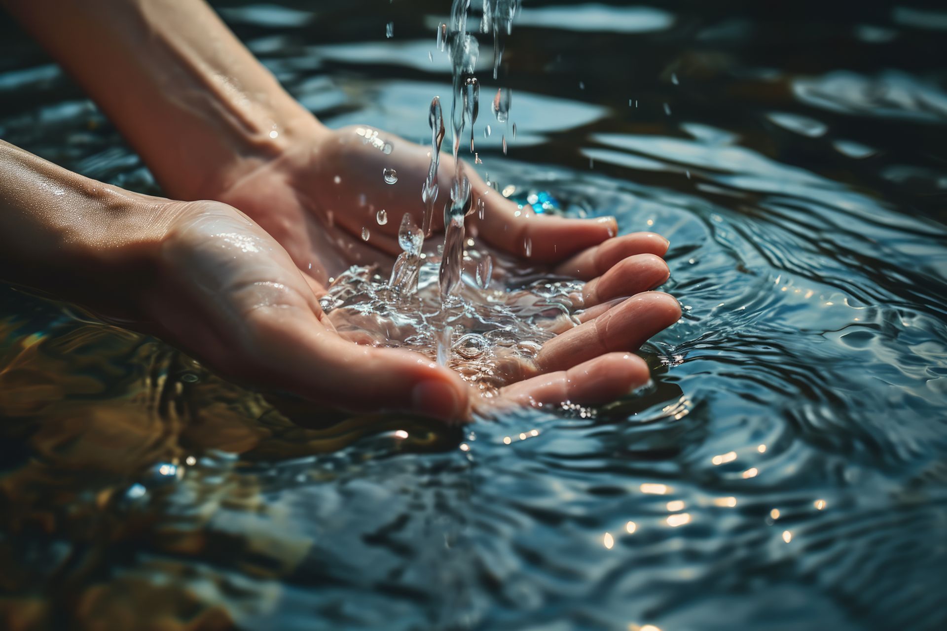 Manos tocando agua tratada