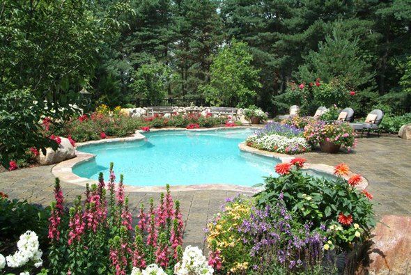 Pool next to multiple flowers around it — Clarkston, MI — Lowries Landscape Inc