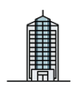 A line drawing of a tall building with a lot of windows on a white background.
