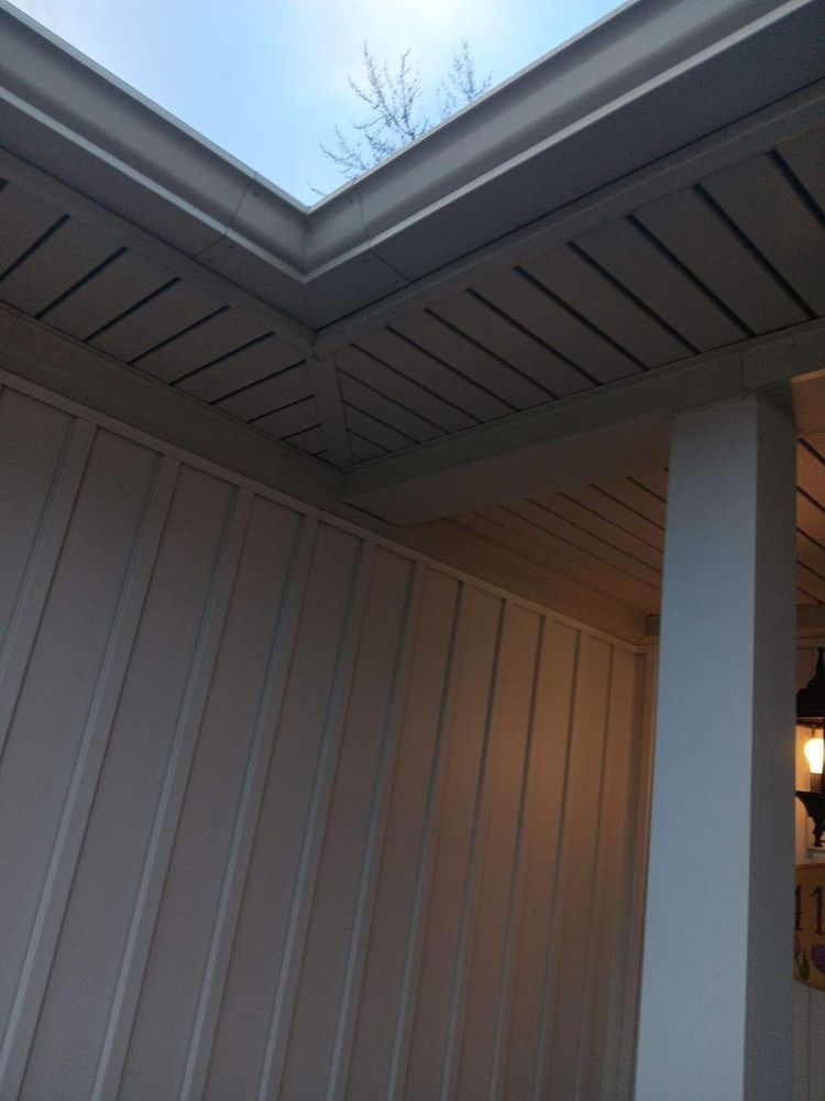 Beige siding, ceiling, and support column, with a view of branches against a pale sky.