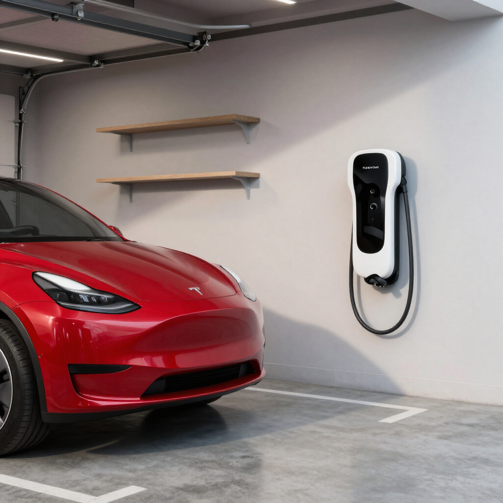 Red electric car parked in a garage beside a wall-mounted EV charger