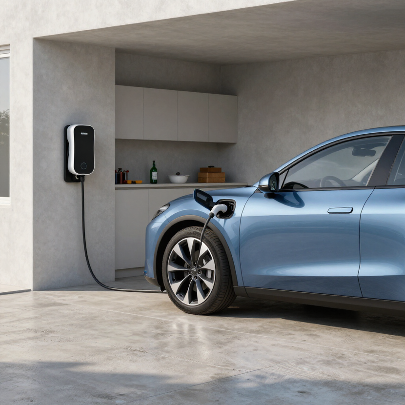 Blue electric car charging at a wall-mounted charger in a modern garage