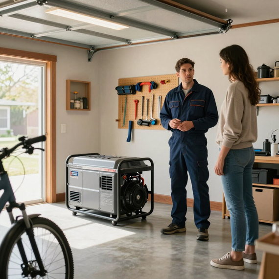 Two people talking in a garage beside a portable generator and a wall of tools