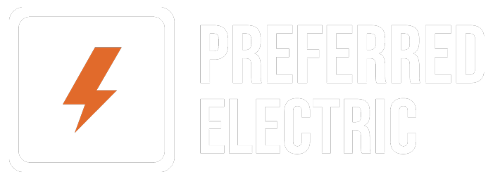 A logo for preferred electric with a lightning bolt on it.