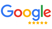 A google review logo with five stars on it on a white background.