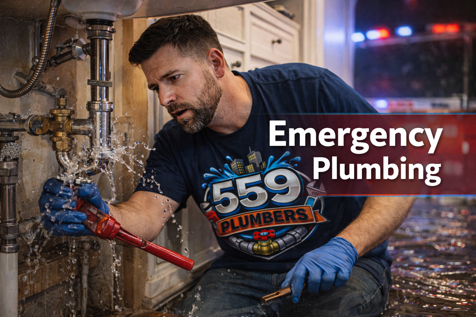 Plumber working on a burst pipe, water spraying. White text