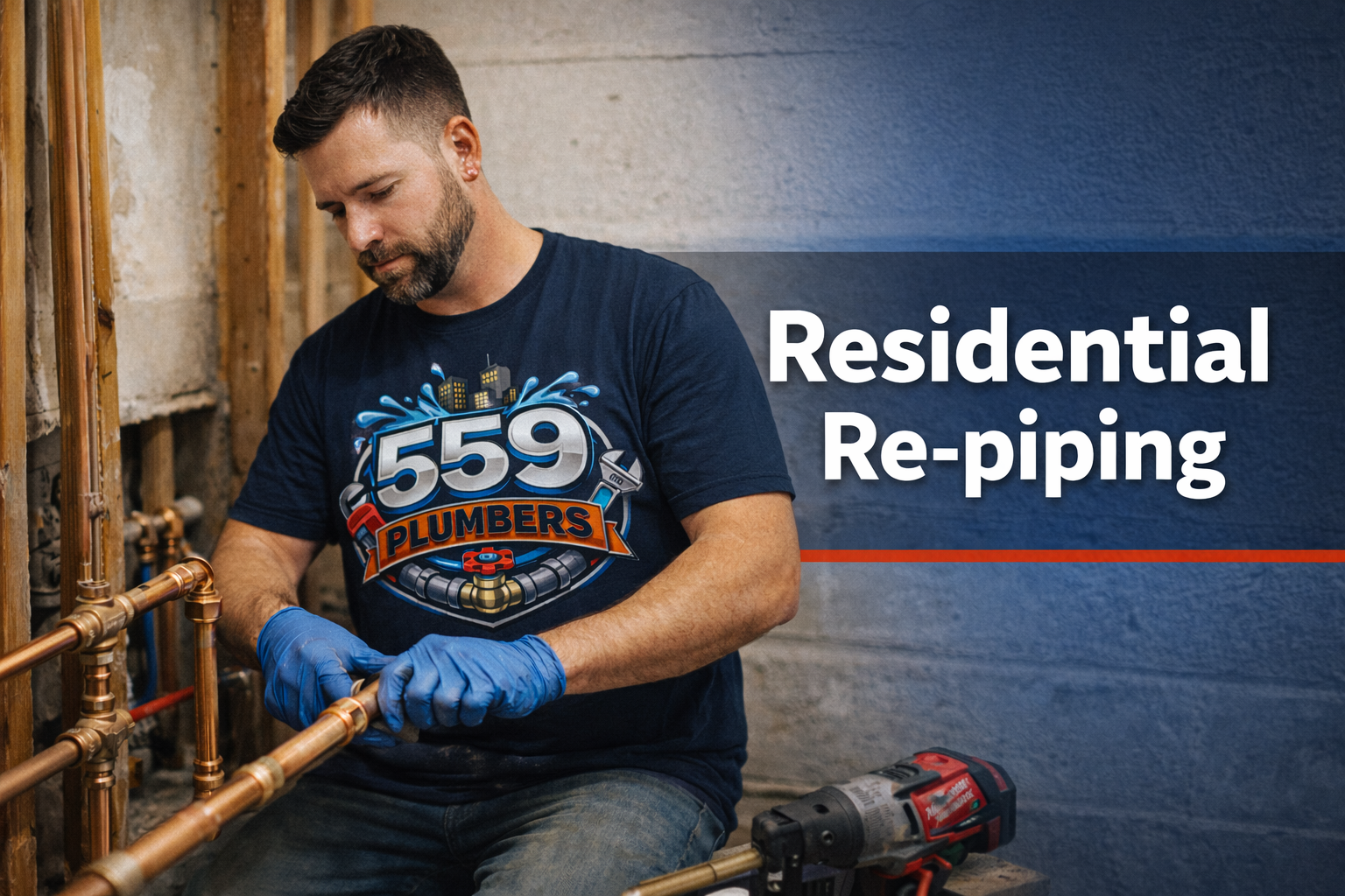 Plumber in blue gloves repiping residential plumbing. White text: