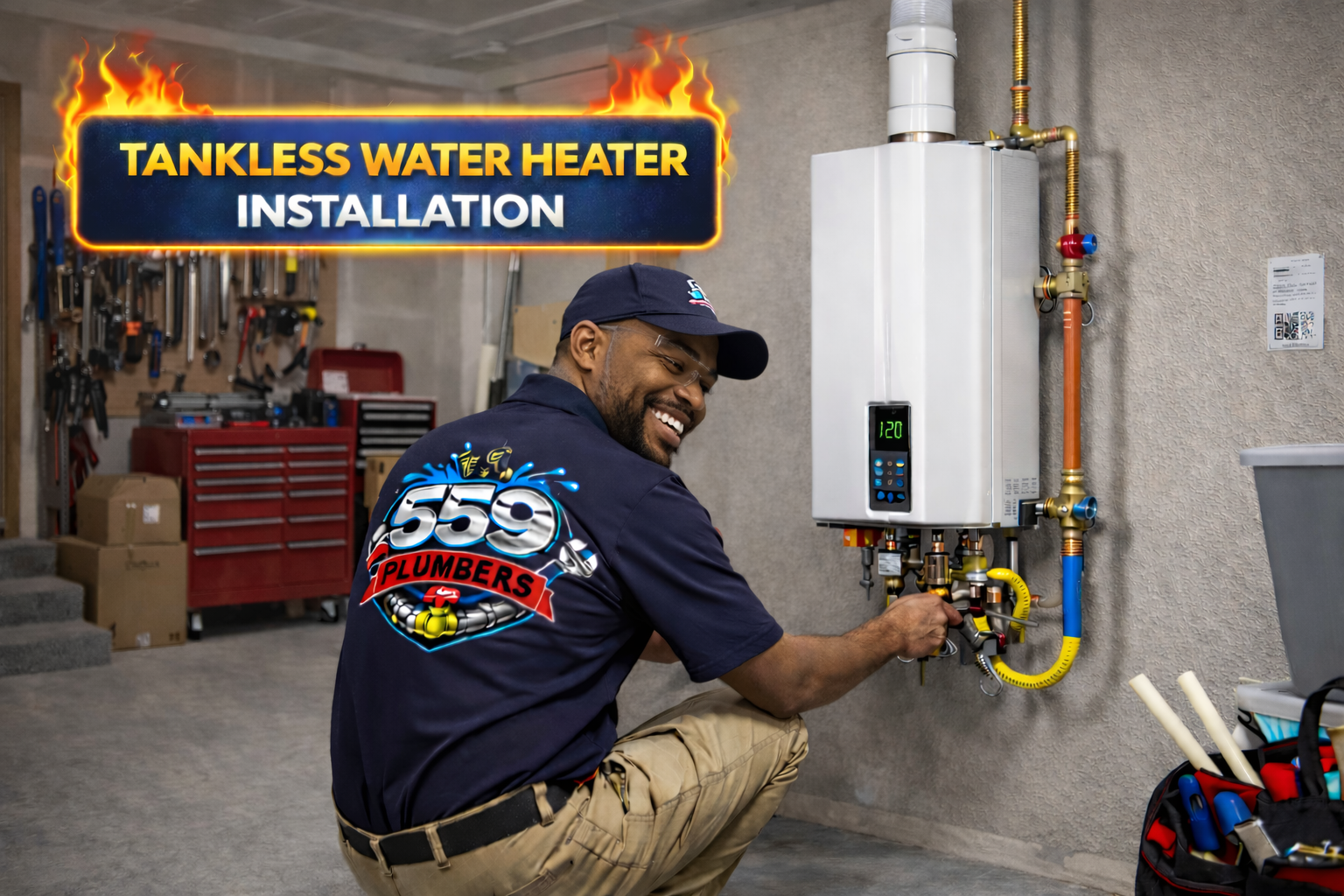 Plumber installing a tankless water heater in a garage. He’s smiling. Sign says