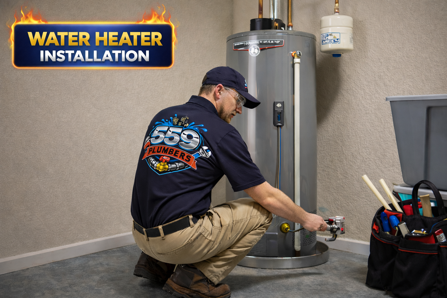 Plumber installing a water heater in a utility room. The plumber wears a uniform and kneels by the unit.