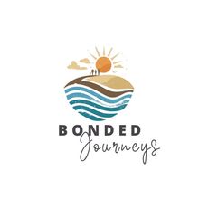 Bonded Journeys Travel logo featuring a drawing of waves and family walked to the sunset on shore.