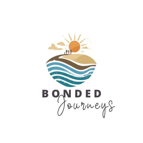 Bonded Journeys Travel logo featuring a drawing of waves and family walked to the sunset on shore.