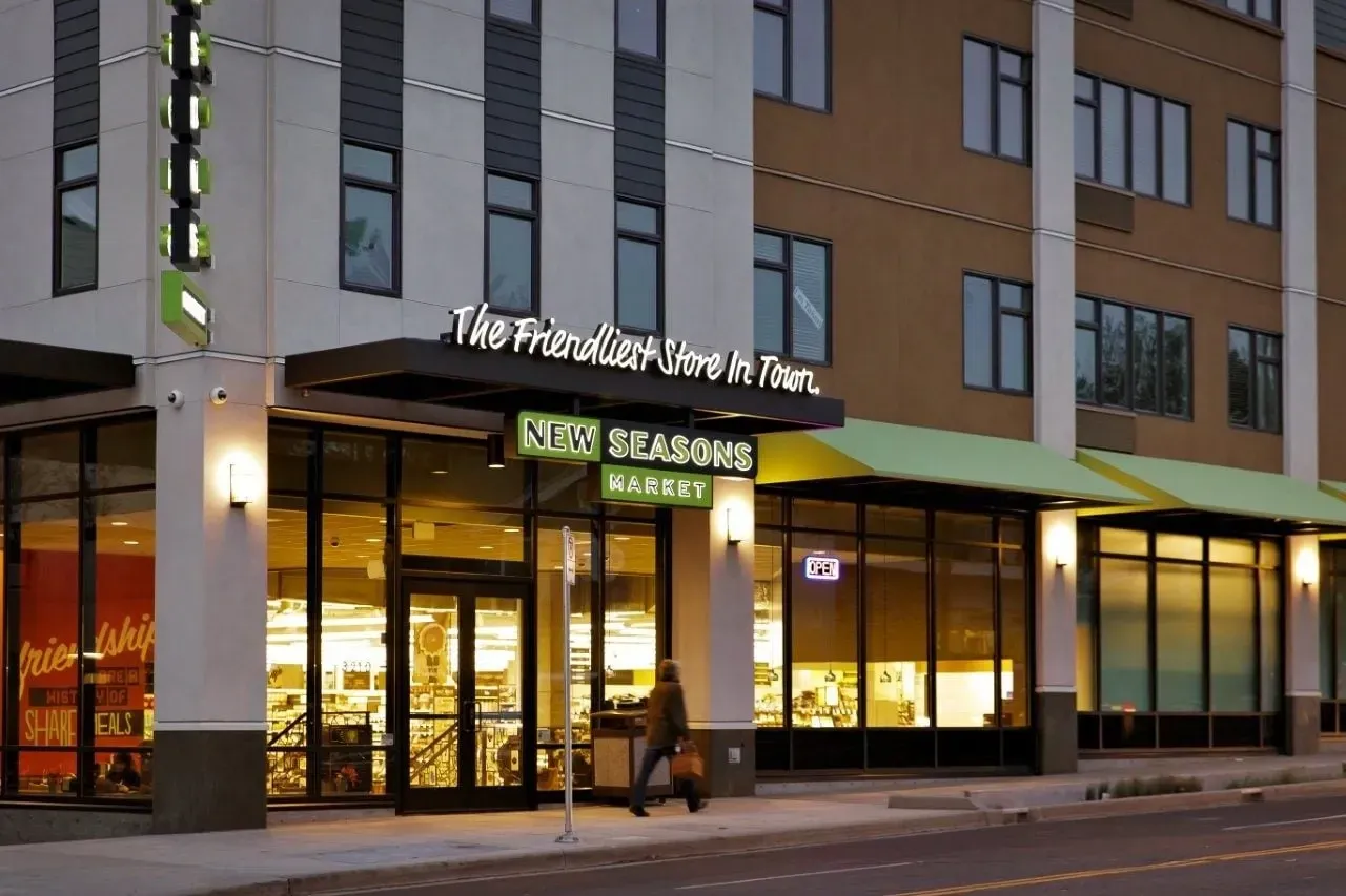 Exterior view of a mixed-use building with a 