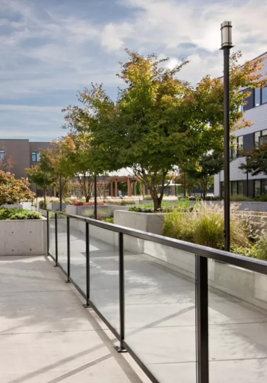 Modern campus walkway with black railing, concrete planters, and trees in a courtyard