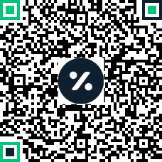 QR code featuring a dark blue circle with a percentage symbol in the center, surrounded by a black and white pattern and green corner squares.
