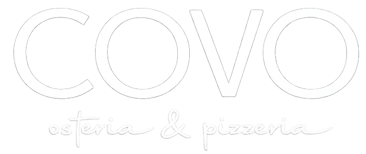 Logo per Covo Osteria & Pizzeria: testo sans-serif con contorno bianco su sfondo bianco.