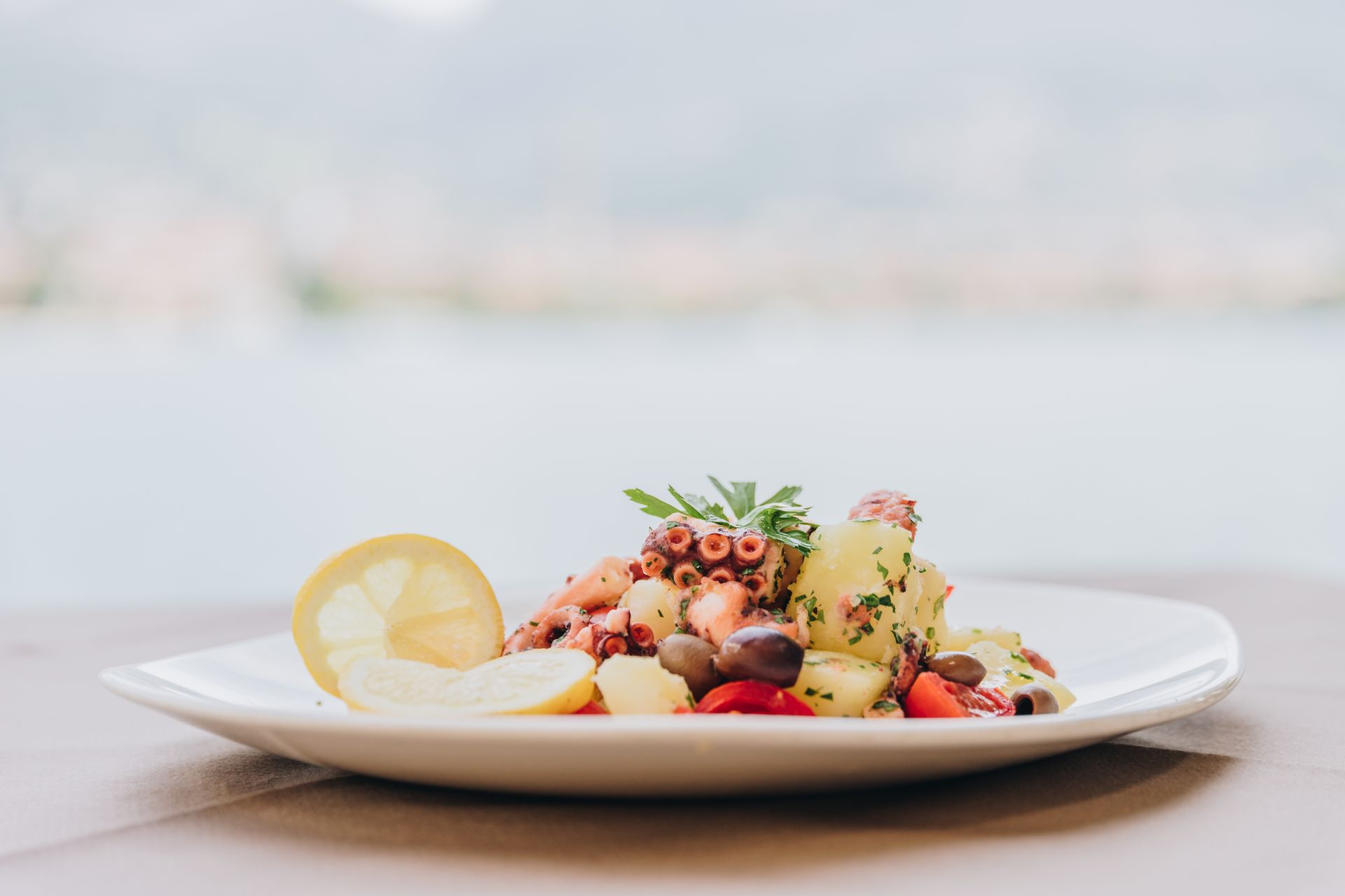 Un piatto di insalata di polpo e patate guarnito con limone ed erbe aromatiche, sullo sfondo sfocato di un lungomare.