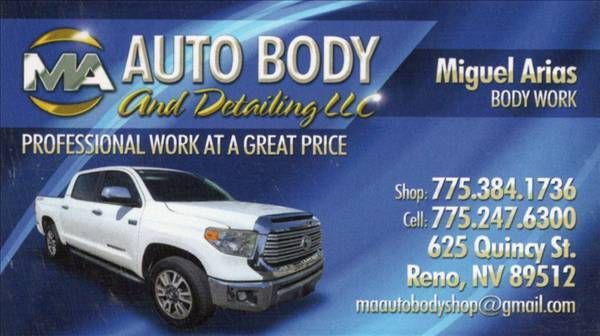 Auto Body and Detailing LLC ad with white pickup truck, blue background, contact info and Reno, NV address