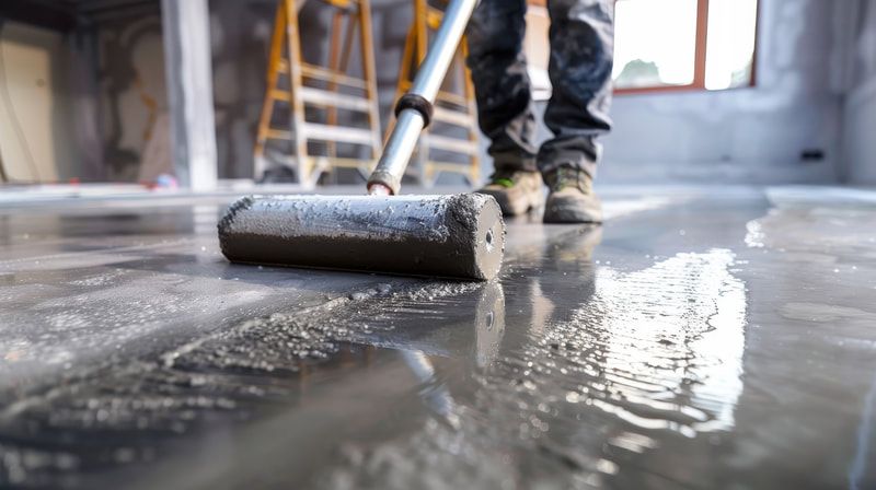 Person applying sealant to a concrete floor with a roller. Interior construction site with ladder in background.