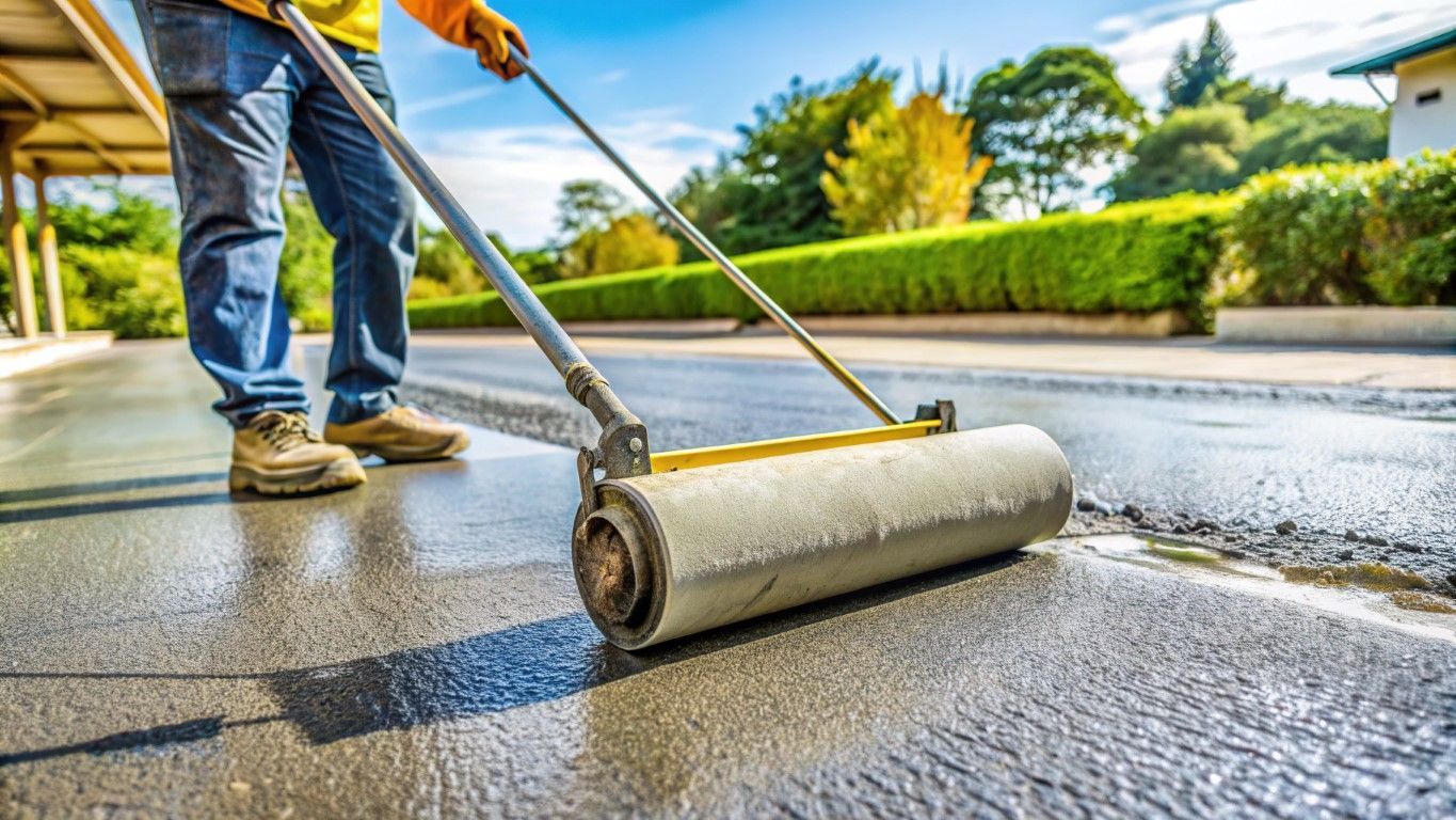 Worker rolling asphalt on a road with a long-handled roller, outdoors.