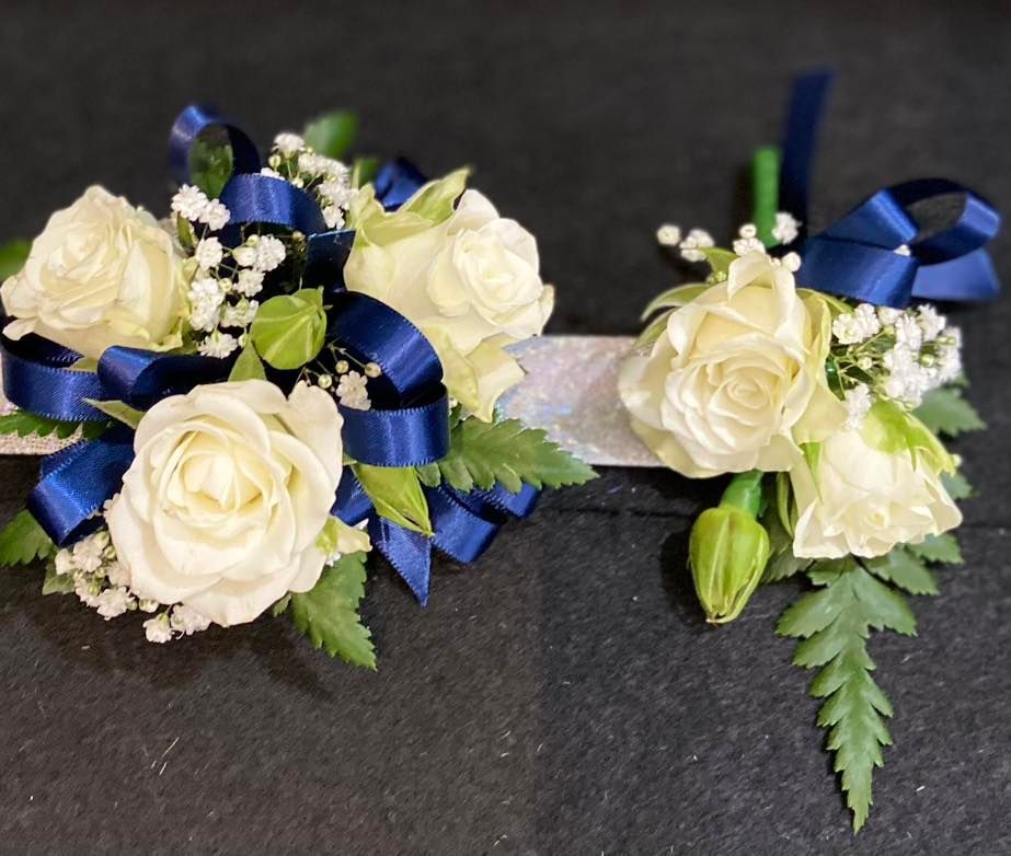 Blue & White Rose Corsage — J'adore Flowers & Gifts Cairns In Earlville, QLD